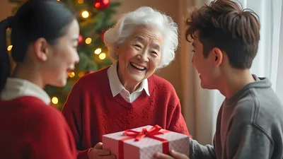 Grandmother Receiving Christmas Gift From Grandchildren