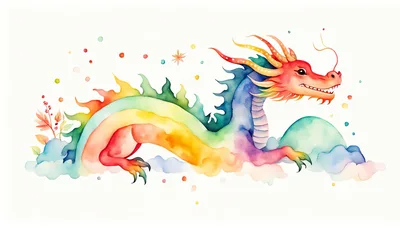 Watercolor Illustration Of A Colorful Rainbow Dragon