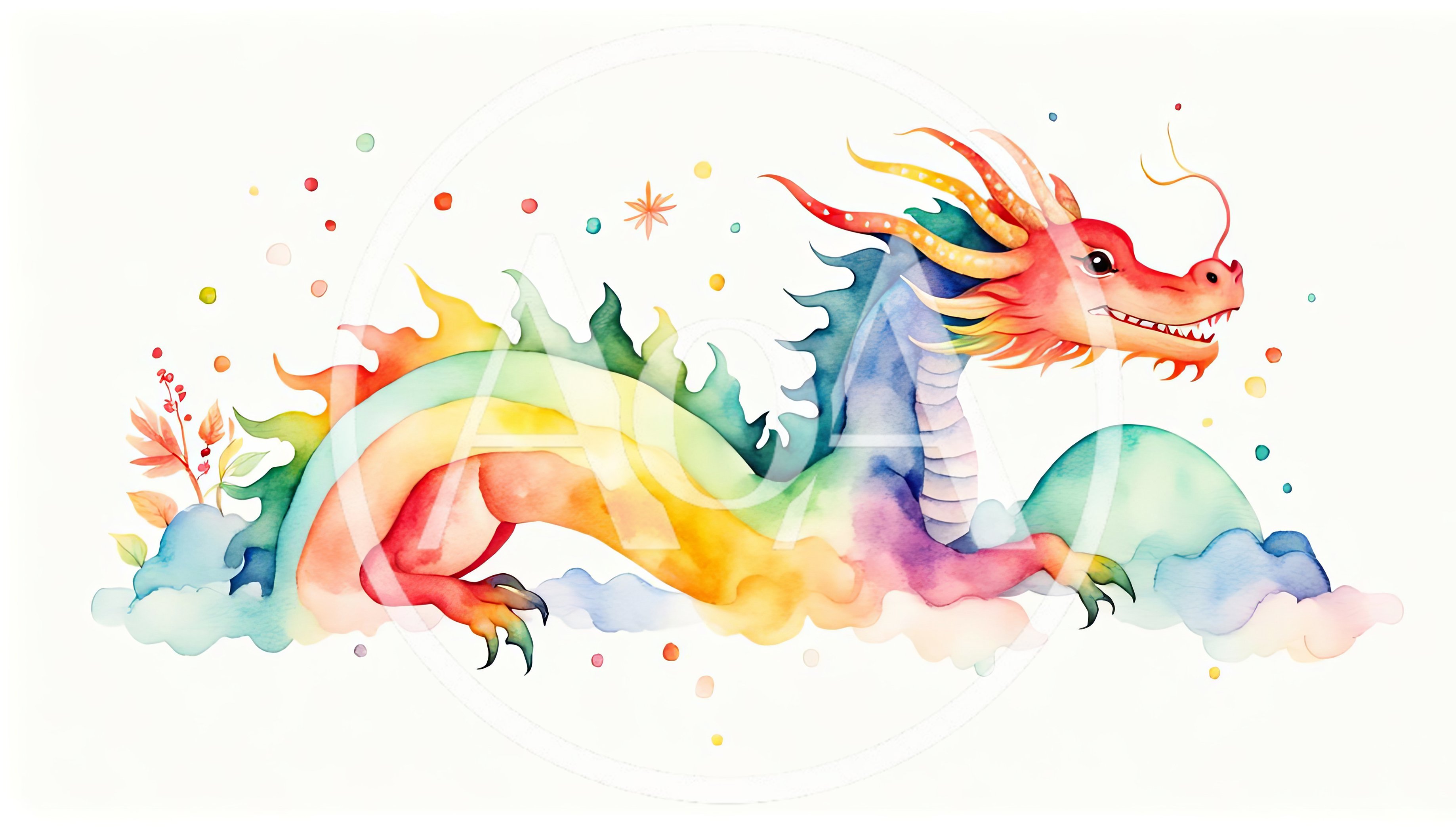 Watercolor Illustration Of A Colorful Rainbow Dragon