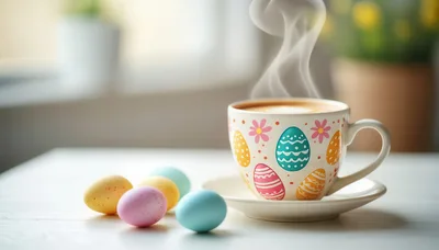 Easter Coffee Cup With Colorful Eggs On Table