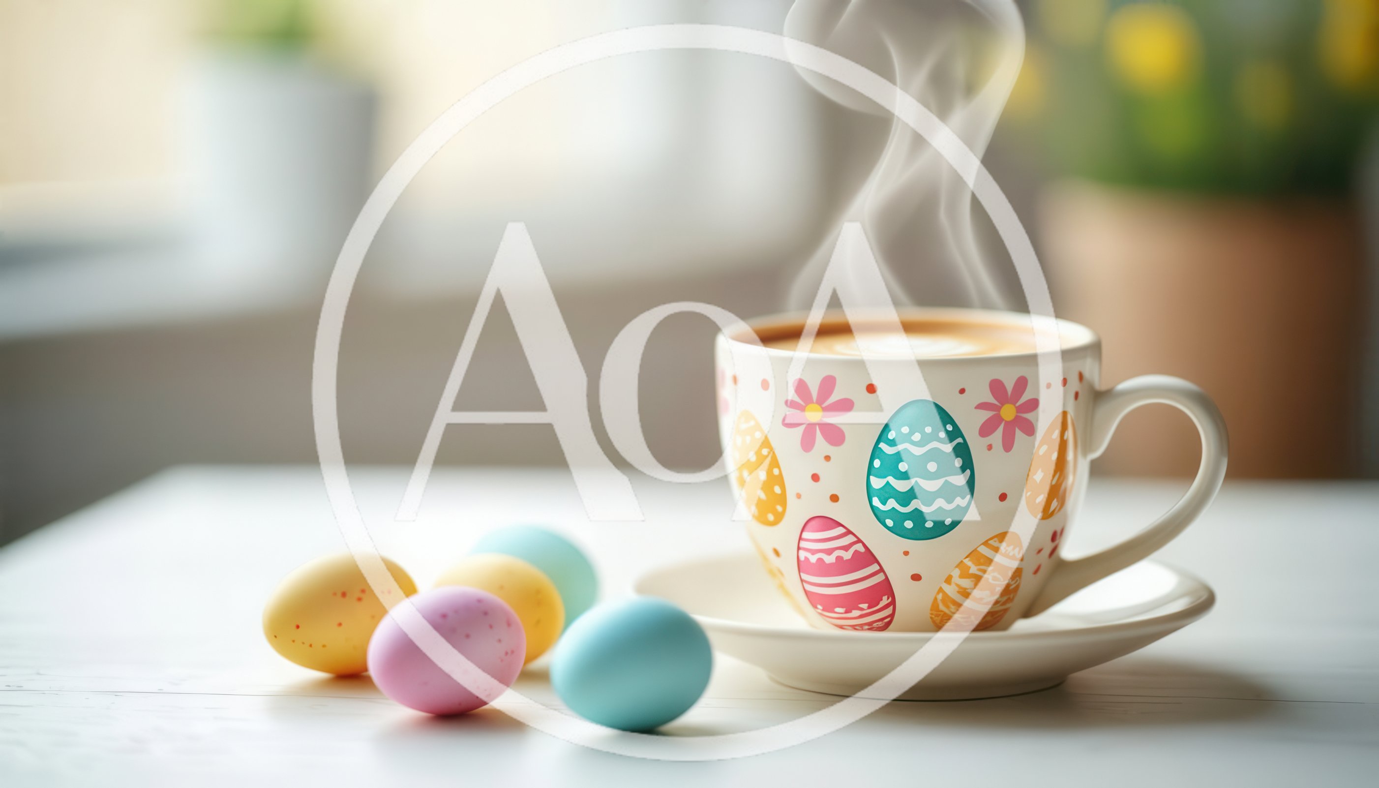 Easter Coffee Cup With Colorful Eggs On Table