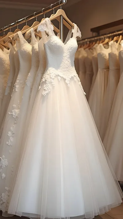 White Wedding Dresses Hanging on a Clothing Rack