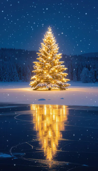 Illuminated Christmas Tree Reflecting On Frozen Lake