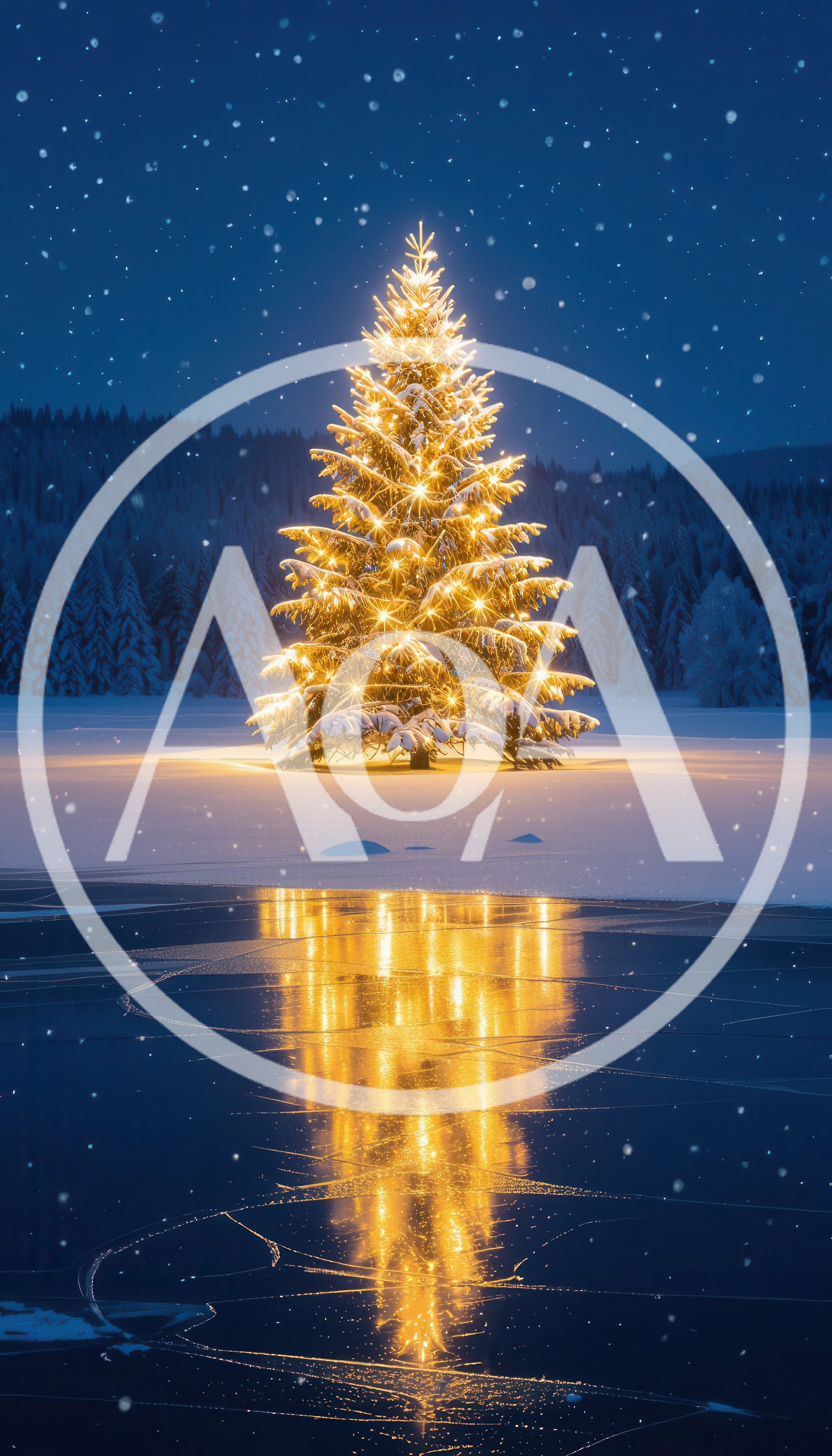 Illuminated Christmas Tree Reflecting On Frozen Lake