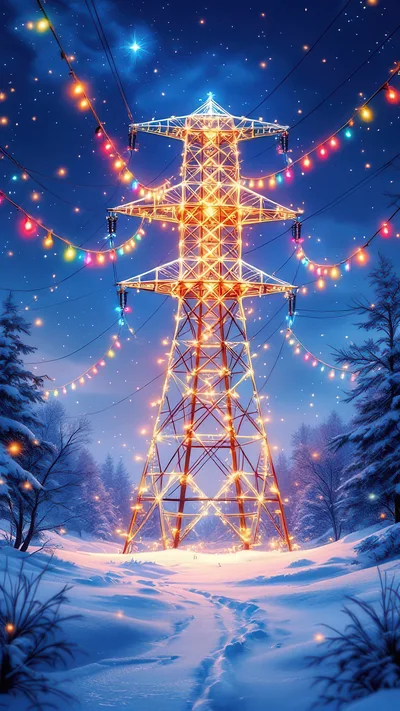 Illuminated Electrical Transmission Tower In Snowy Winter Landscape