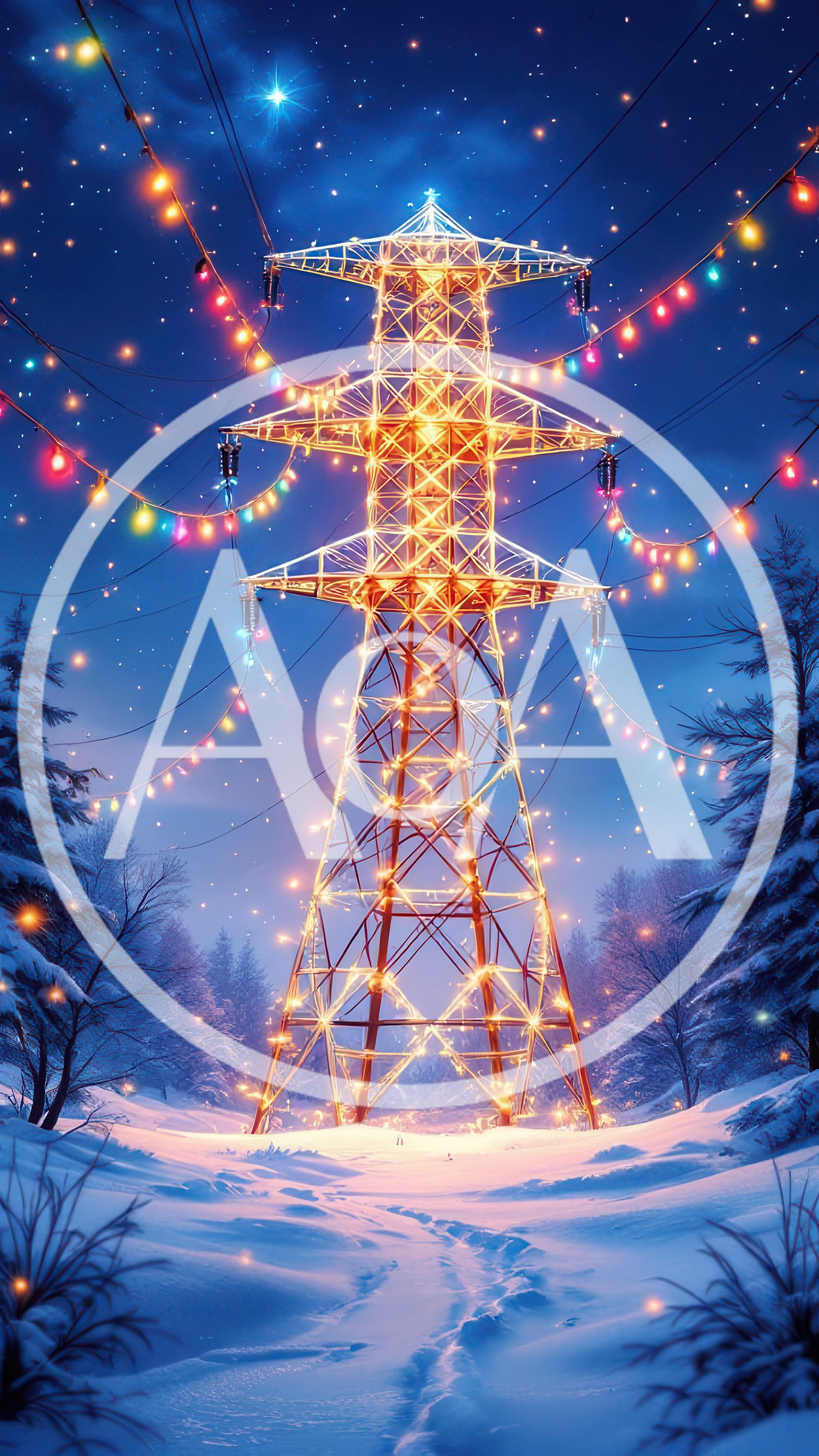 Illuminated Electrical Transmission Tower In Snowy Winter Landscape