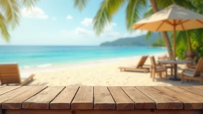 Wooden Table Overlooking A Tropical Beach Resort