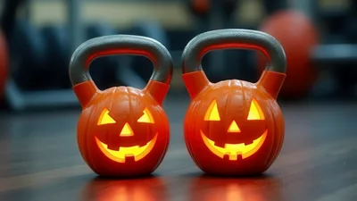 Two Pumpkin Kettlebells In A Gym Setting