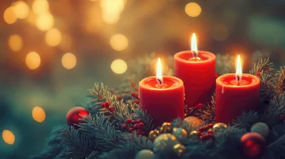 Three Lit Red Christmas Candles On A Festive Wreath