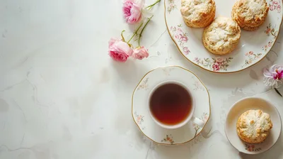 Afternoon Tea Setting With Scones And Pink Flowers