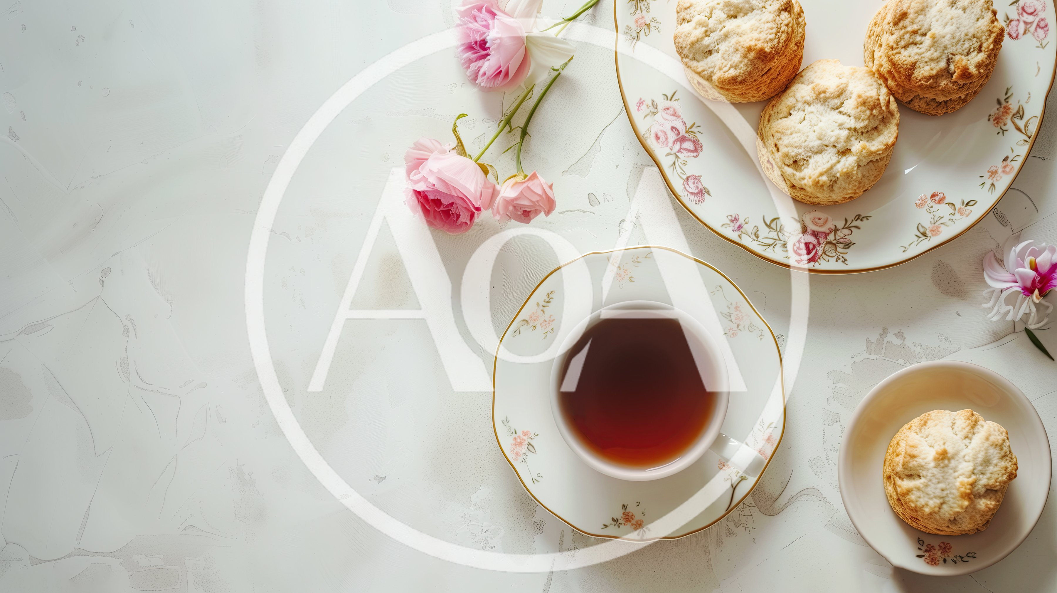 Afternoon Tea Setting With Scones And Pink Flowers