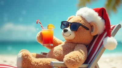 Teddy Bear Wearing Santa Hat Relaxing On Beach