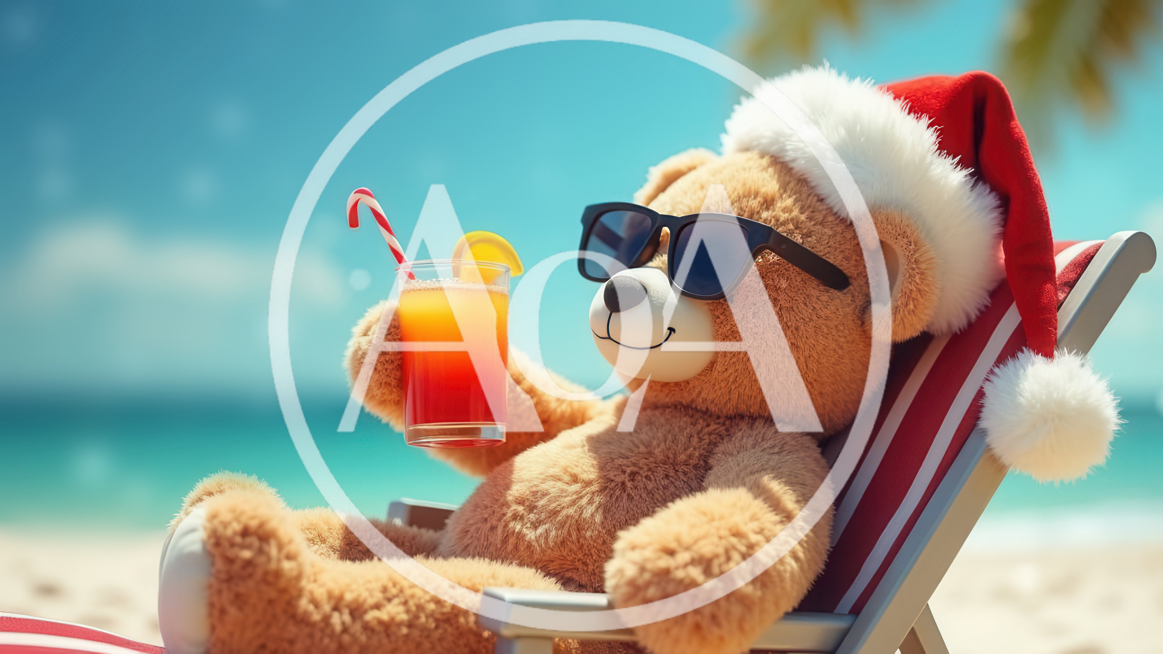 Teddy Bear Wearing Santa Hat Relaxing On Beach