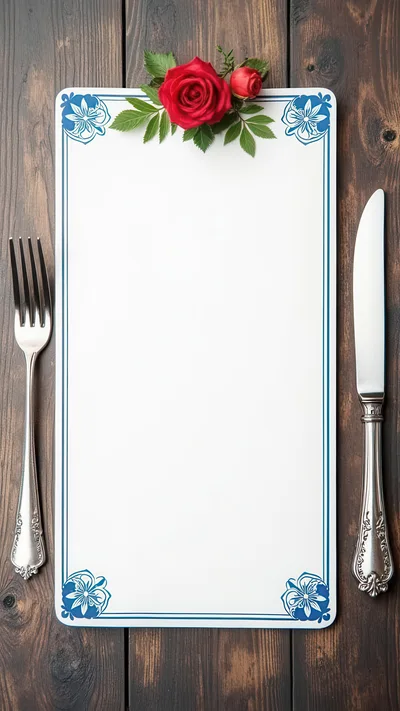 Blank Menu Card With Red Roses And Silver Cutlery