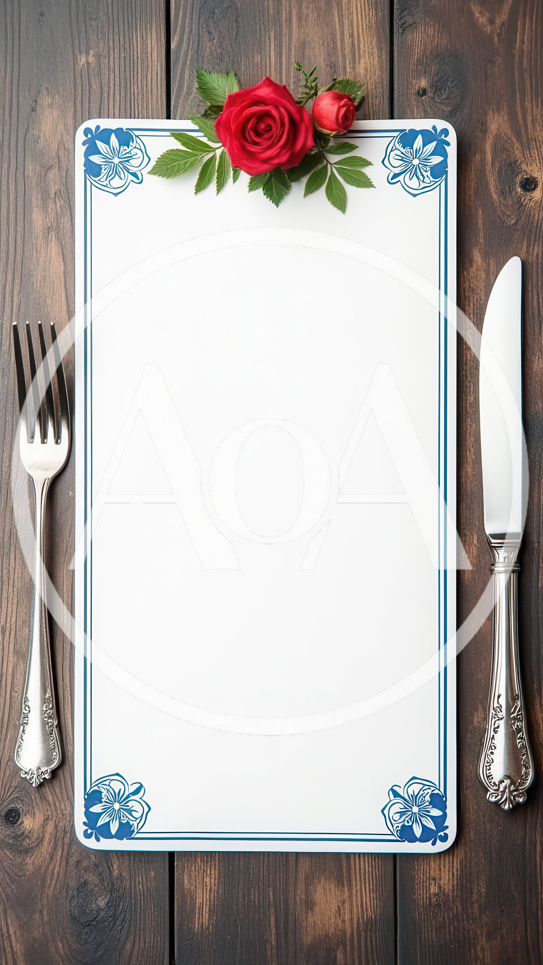 Blank Menu Card With Red Roses And Silver Cutlery