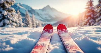 First Person View Of Red Skis In Snowy Mountains