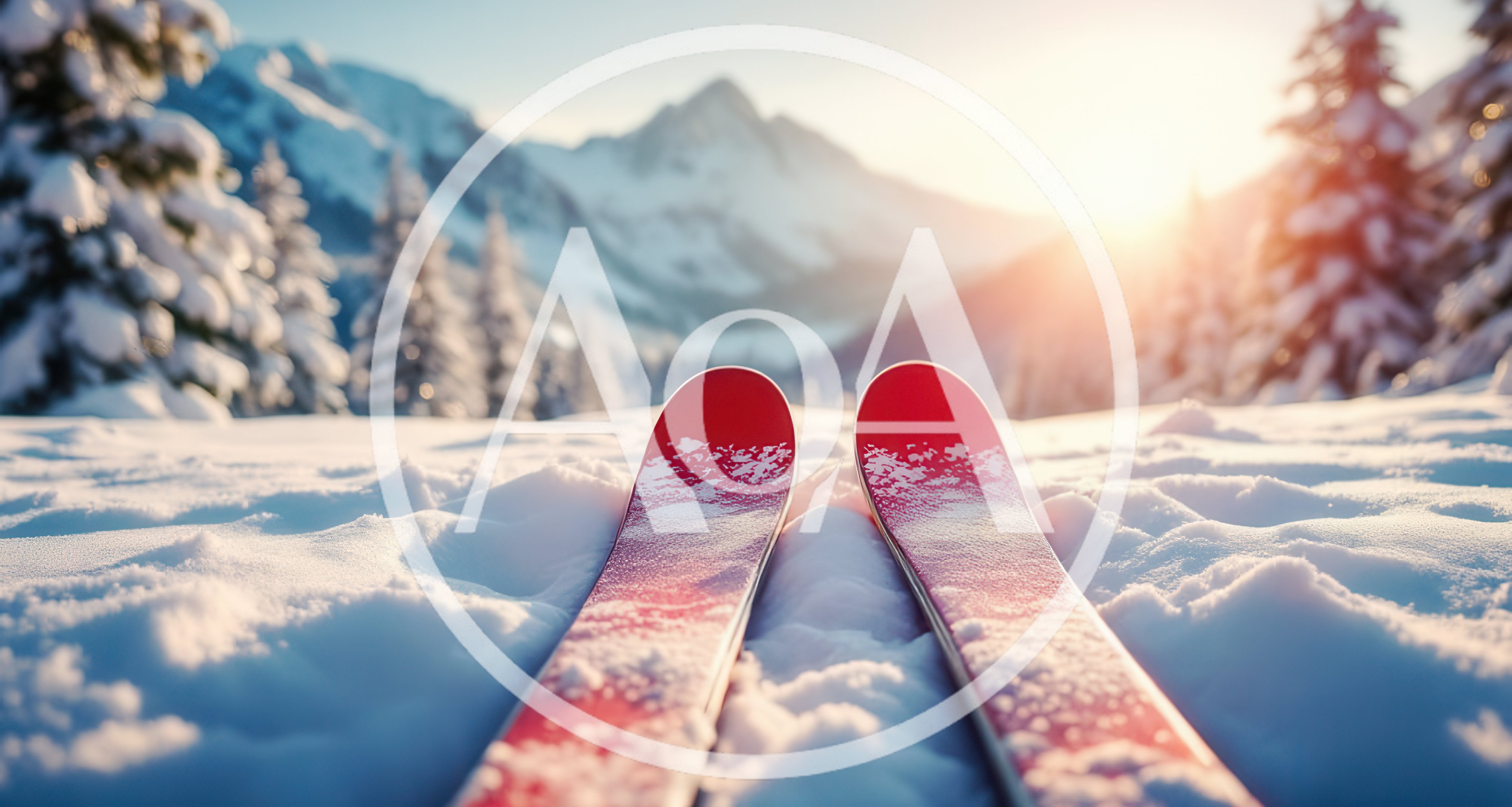 First Person View Of Red Skis In Snowy Mountains