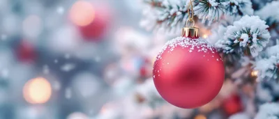 Red Christmas Ornament Hanging On Snowy Pine Branch