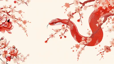 Red Snake Coiled Around Blooming Cherry Blossom Branches