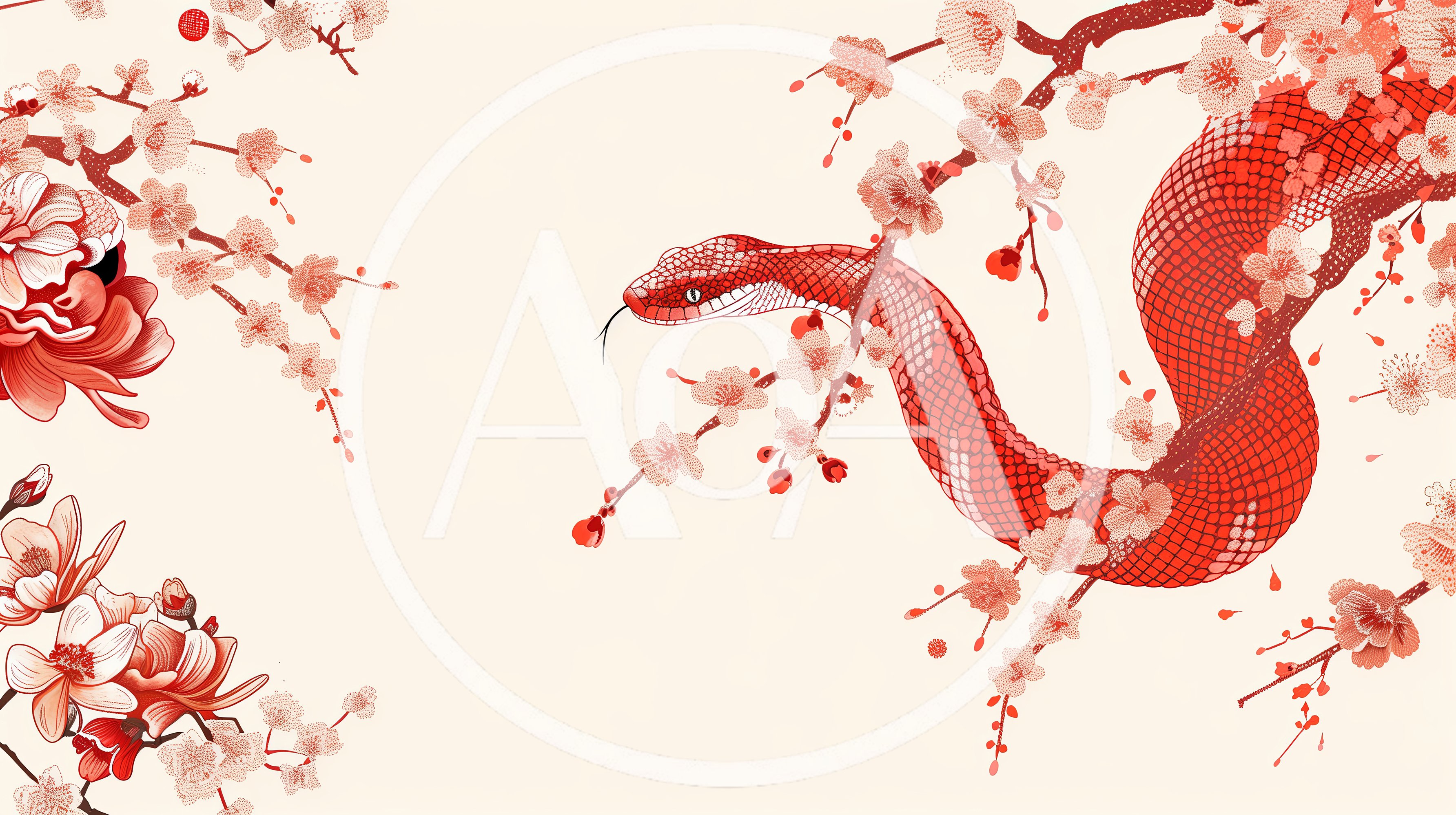 Red Snake Coiled Around Blooming Cherry Blossom Branches