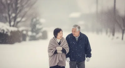Elderly Asian Couple Walking Together In Snowy Park