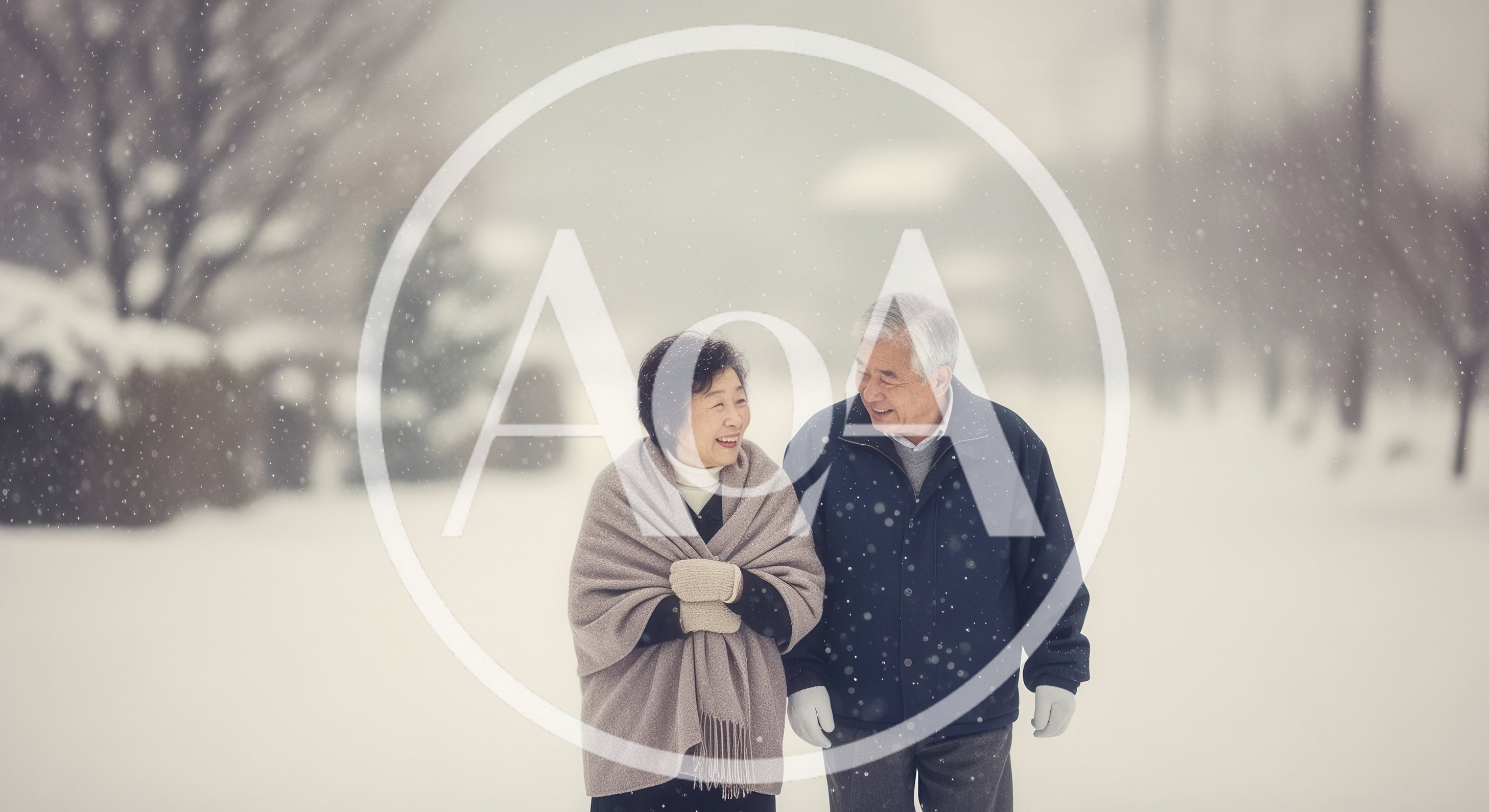 Elderly Asian Couple Walking Together In Snowy Park