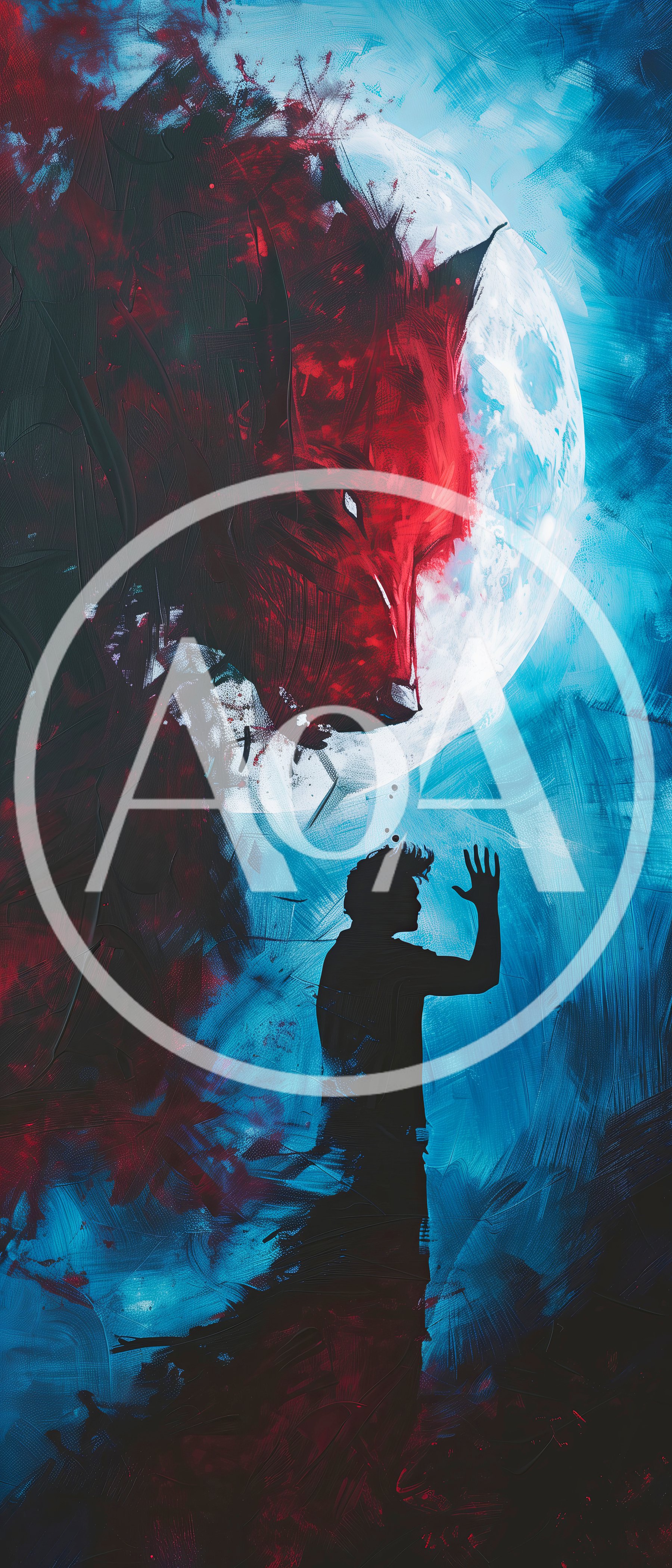 Surreal Silhouette Of Man Facing Giant Red Wolf