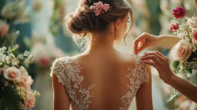 Bride Getting Dressed With Floral Wedding Decor