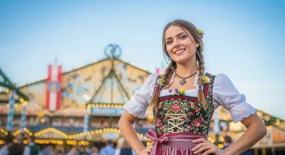 Young Woman Wearing Traditional Dirndl at Oktoberfest