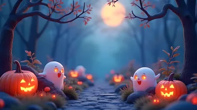 Cute Ghosts and Glowing Jack-O-Lanterns in Spooky Forest