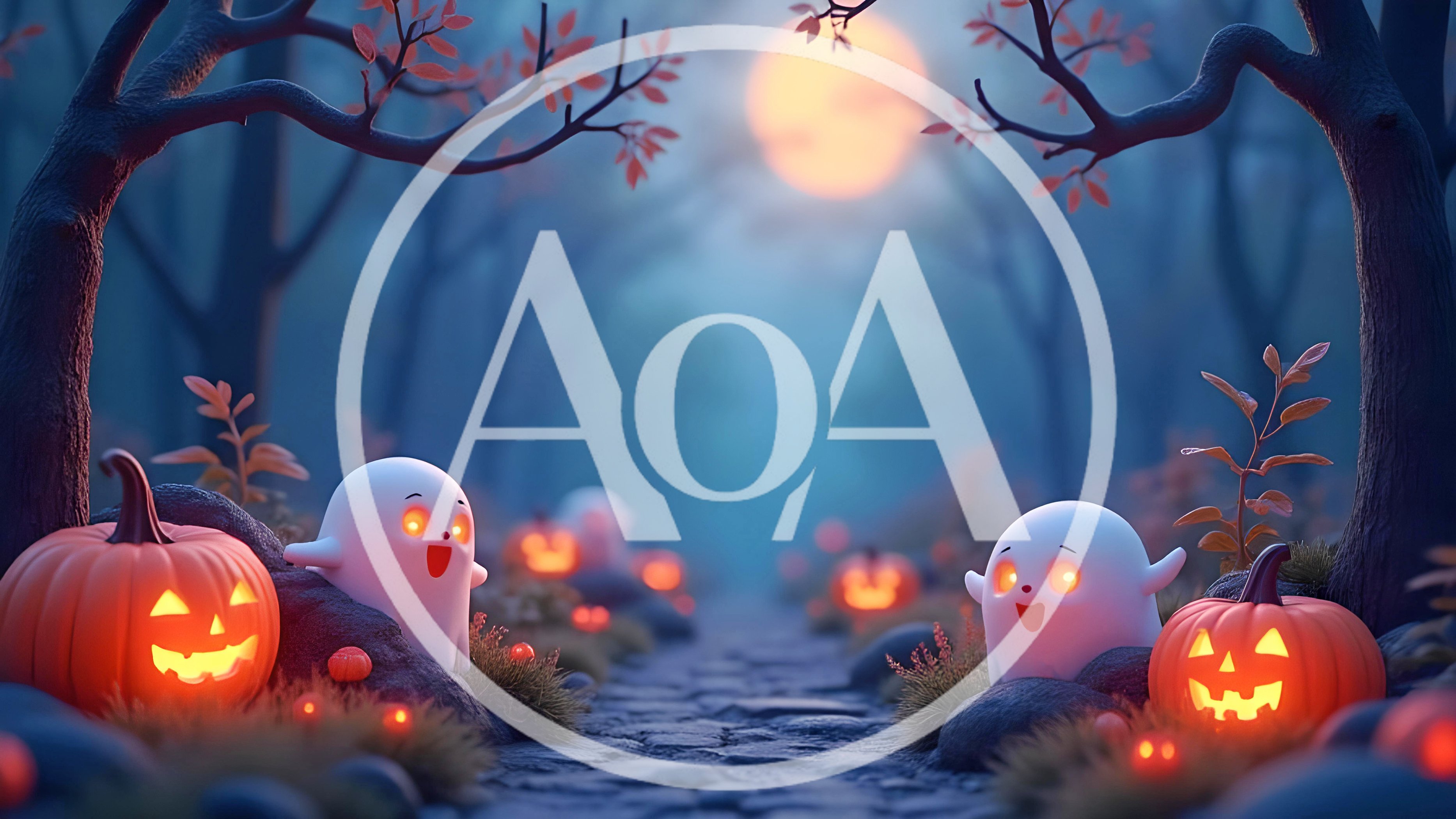 Cute Ghosts and Glowing Jack-O-Lanterns in Spooky Forest