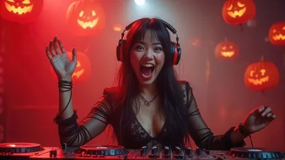 Excited Female DJ Performing At Halloween Party