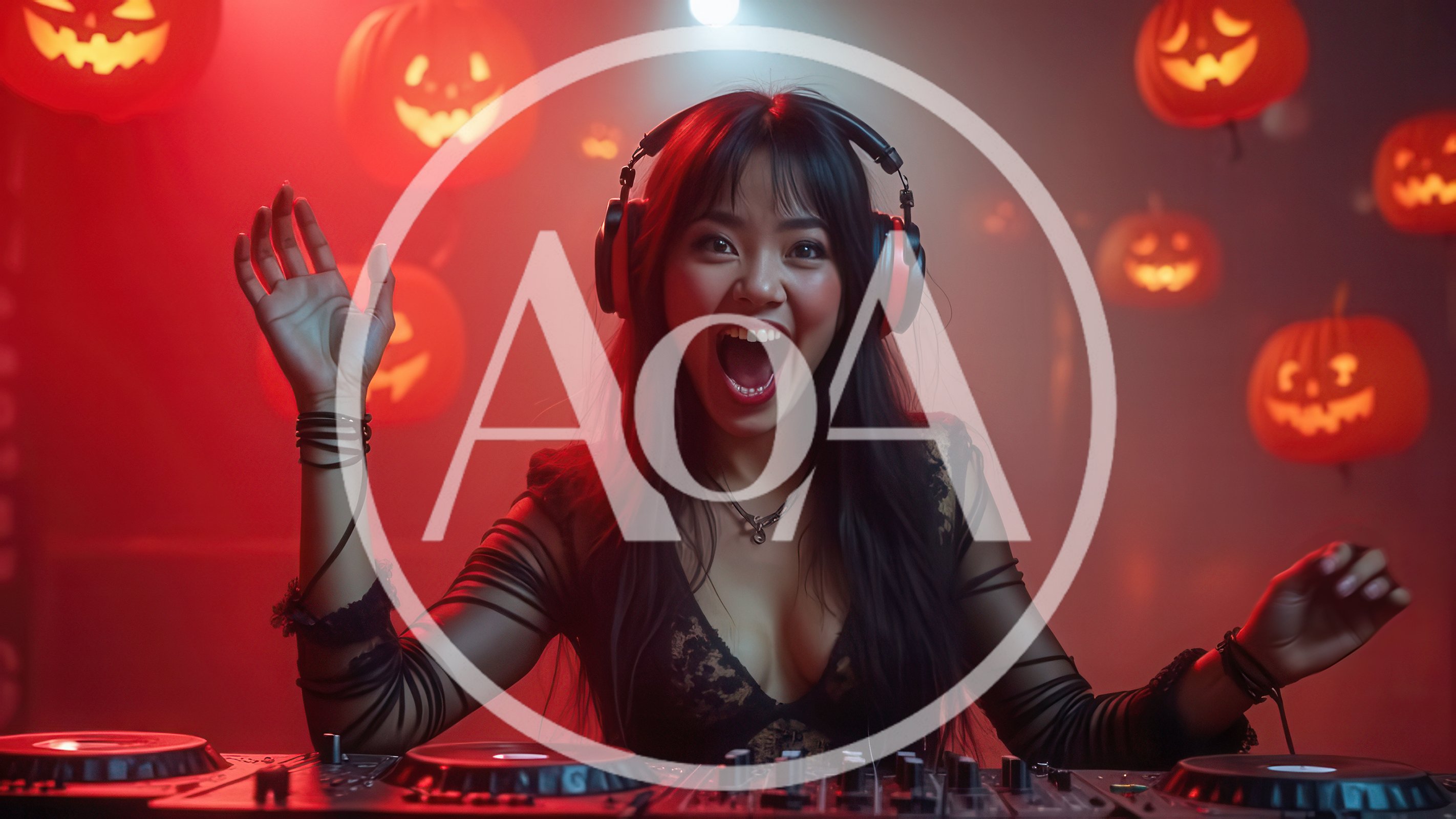 Excited Female DJ Performing At Halloween Party