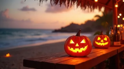 Two Jack-O-Lanterns On A Beach Bar Counter