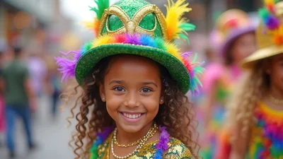 Smiling Young Girl Wearing Colorful Carnival Hat