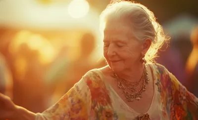 Elderly Woman Dancing Joyfully At Sunset