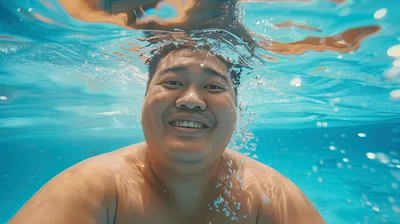 Asian Man Smiling Underwater In A Swimming Pool