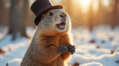 Groundhog Wearing A Top Hat In Snowy Forest