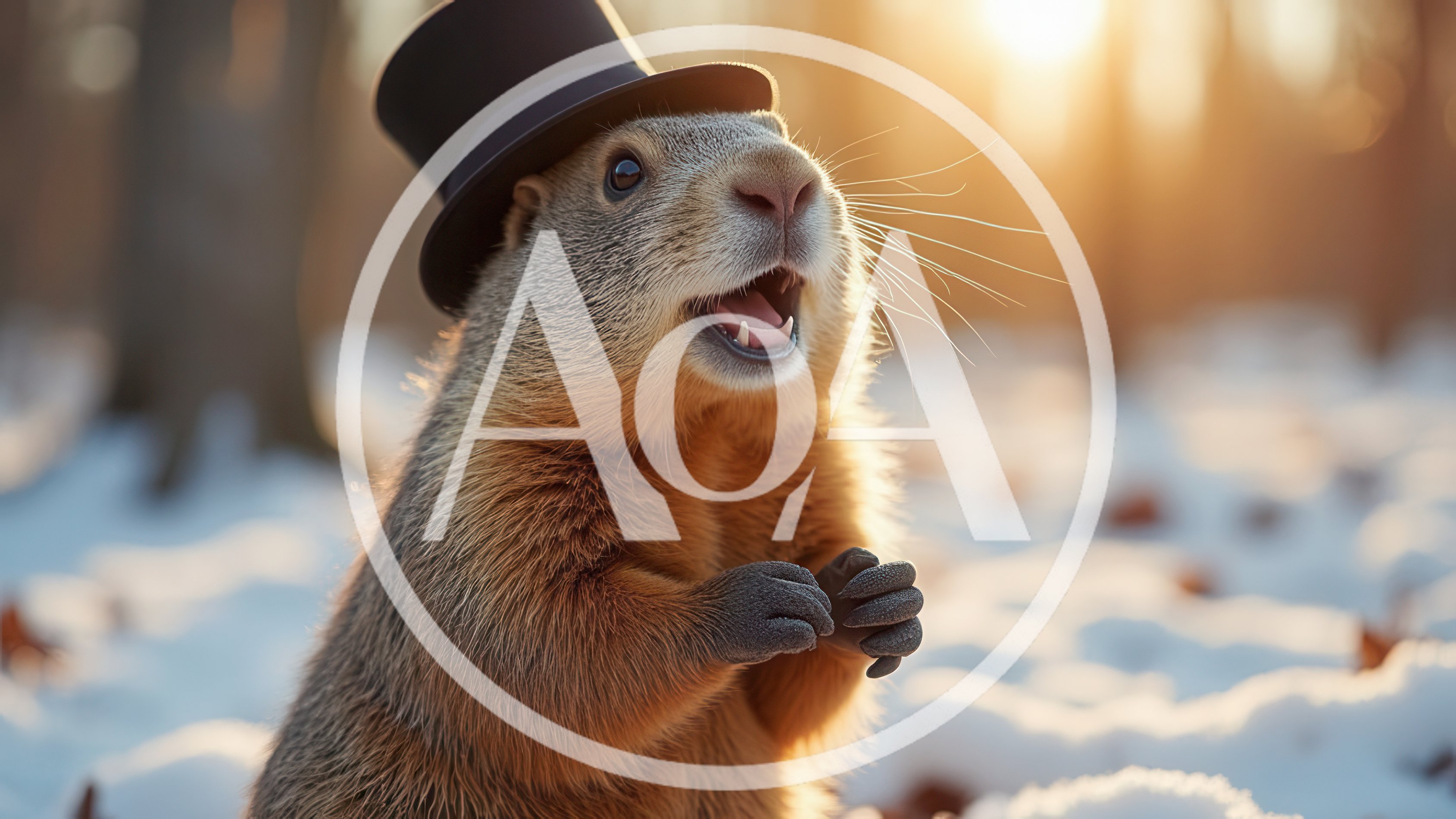 Groundhog Wearing A Top Hat In Snowy Forest