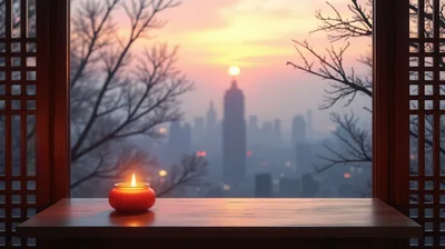 Lit Candle On Wooden Table Overlooking City Skyline