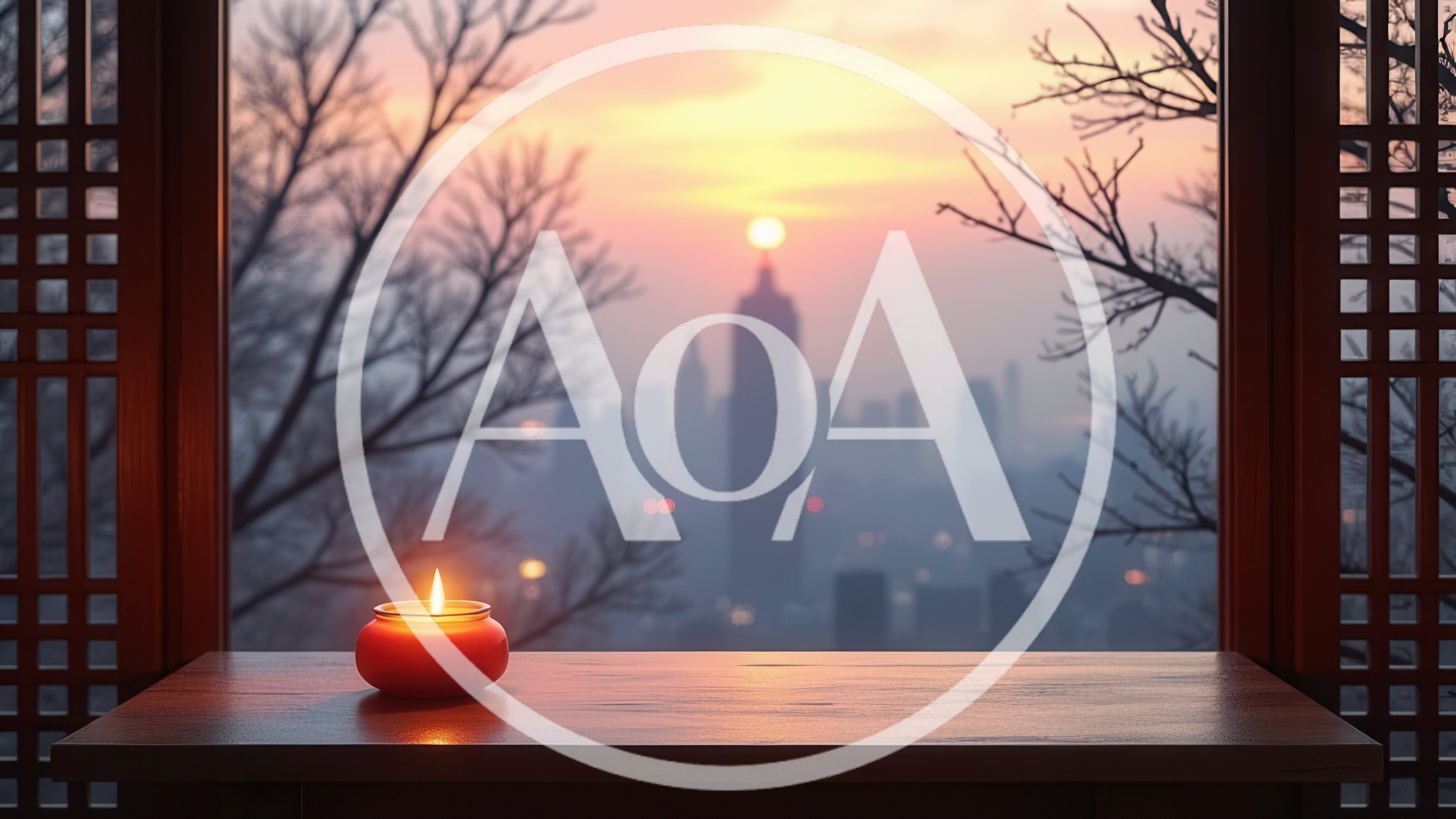 Lit Candle On Wooden Table Overlooking City Skyline