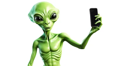 Green Alien Holding A Smartphone