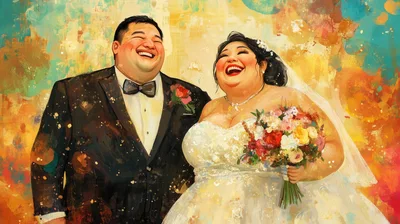 Happy Newlywed Couple Laughing Together In Wedding Attire