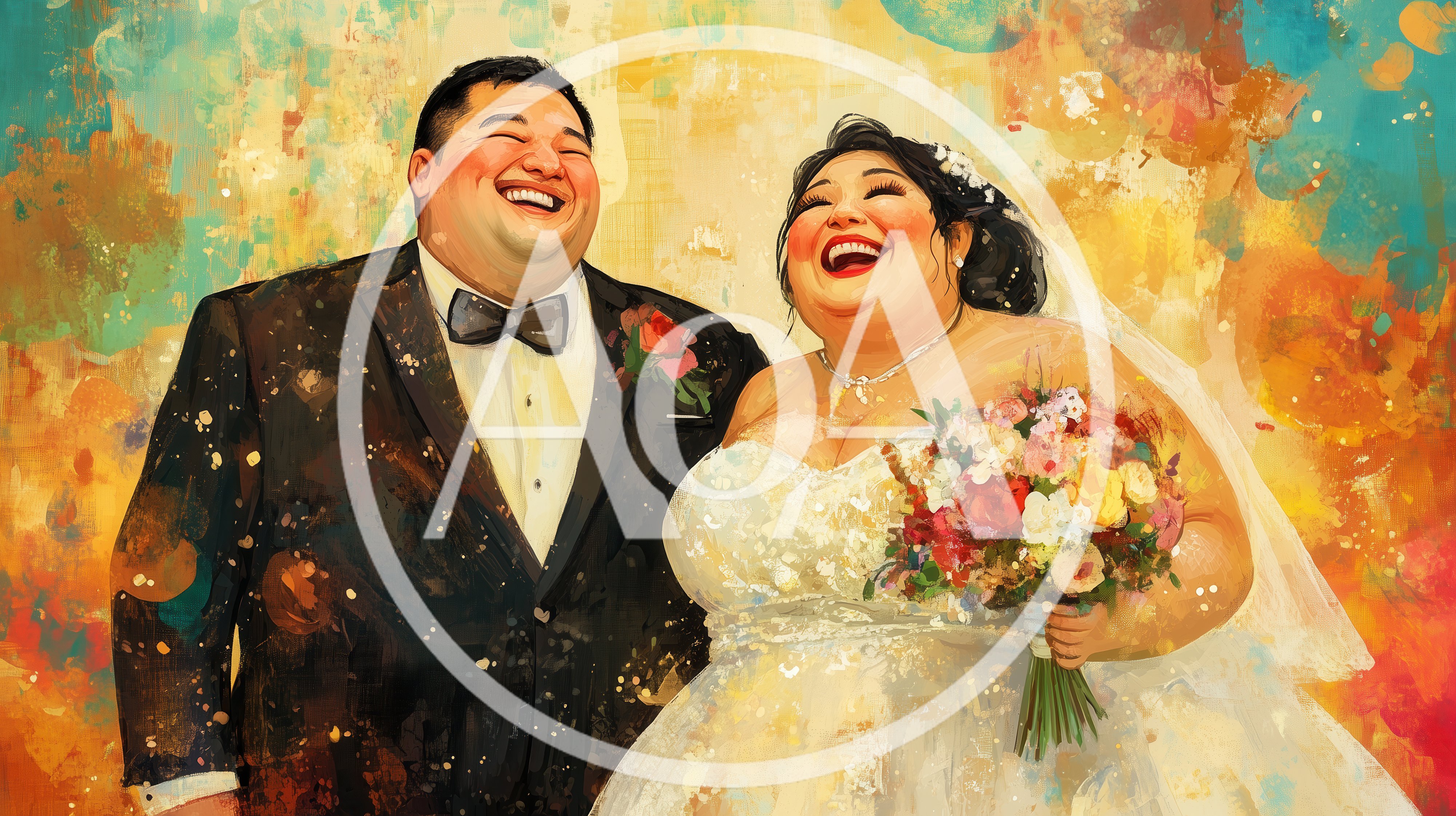 Happy Newlywed Couple Laughing Together In Wedding Attire