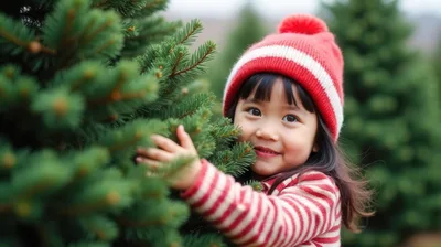 Young Asian Girl Touching Christmas Tree at Farm