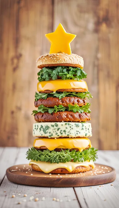 Christmas Tree Shaped Burger Stack On Wooden Board