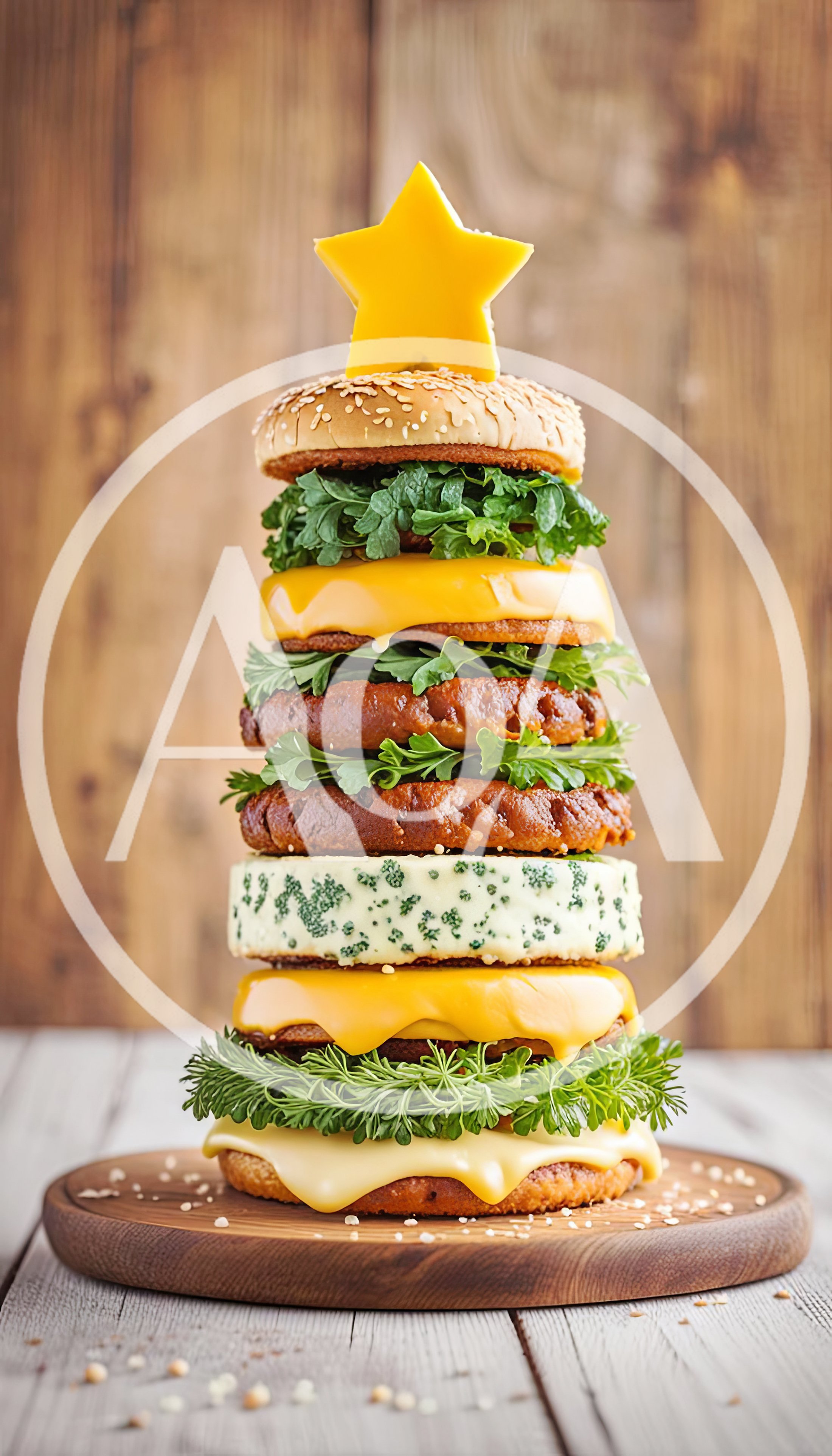Christmas Tree Shaped Burger Stack On Wooden Board