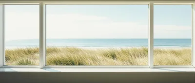Panoramic View Of Beach Dunes Through Modern Window
