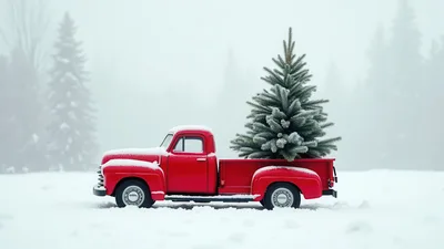 Vintage Red Pickup Truck Carrying Christmas Tree In Snow