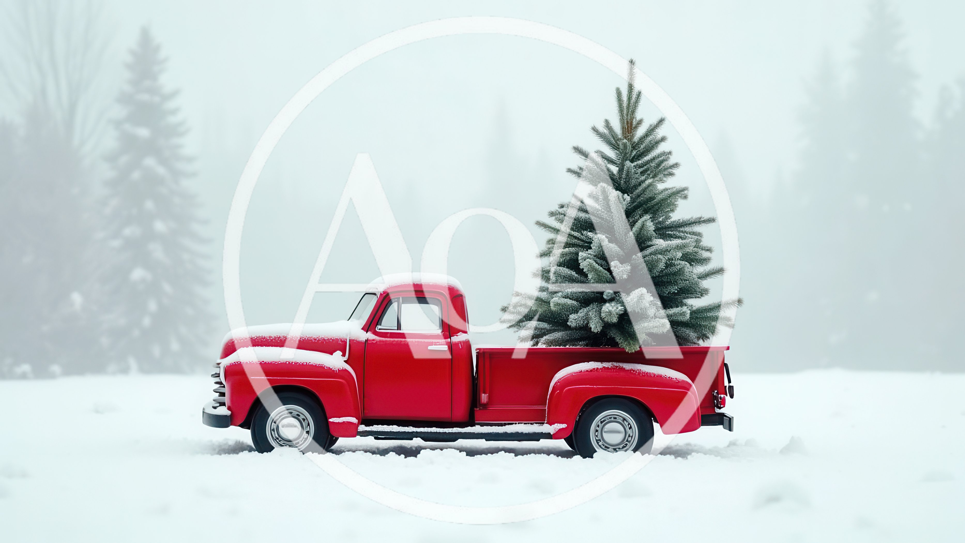 Vintage Red Pickup Truck Carrying Christmas Tree In Snow